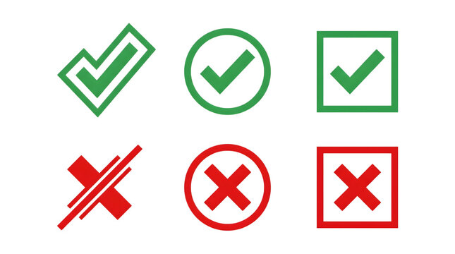 Green check mark and red cross icon set, correct and incorrect symbols for voting, yes and no decision signs on white background