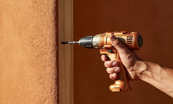 Close-up of a worker hand use electric drill machine to fix wood frame