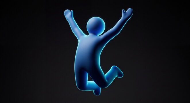 3d render of a blue stylized human figure jumping with arms raised in a joyful pose against a dark background