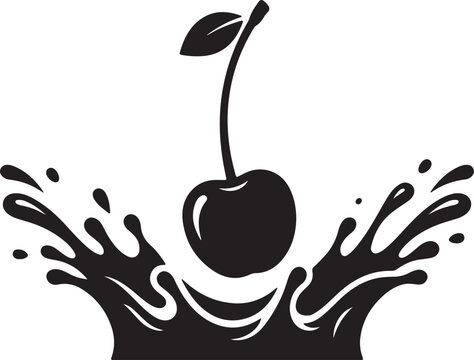 Black and white silhouette illustration of a fresh cherry falling into a splash of liquid