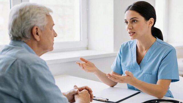 Starting to explain woman in scrubs gesturing to clipboard at desk, outlining plan