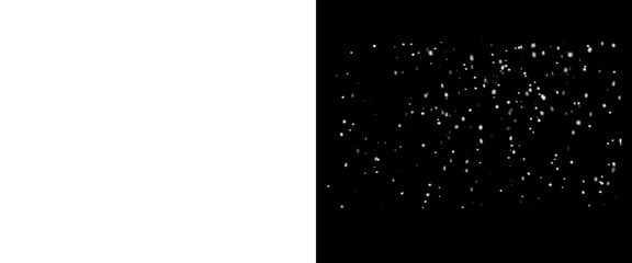Fototapeta premium Abstract white dust particles on black background, floating snow spray texture, cinematic bokeh light speckles for overlay effects