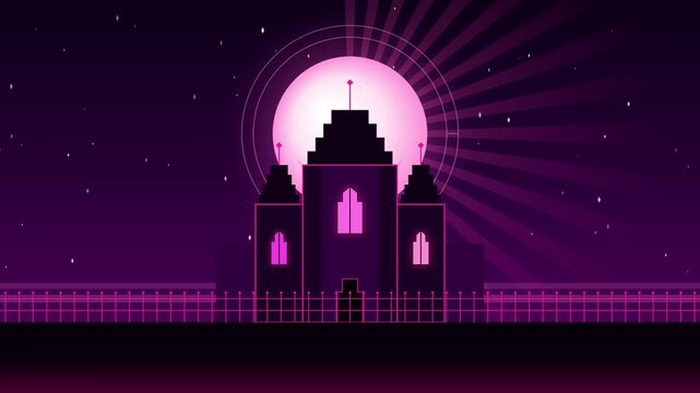 Pixel art gothic castle silhouette under glowing moon background
