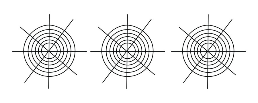 Three polar vortex art radial grids featuring black concentric circles and rays for technical use.
