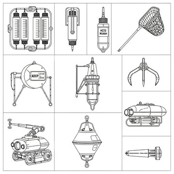Oceanographic Research Equipment Collection: ADCP, CTD, ROV, Net, Buoy, Sampler, Robotic Arm, Clamper
