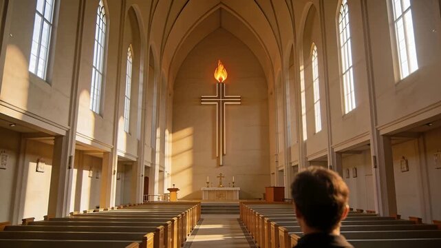 Glowing cross and flame drawing man stepping forward and gazing in church, dark jacket, copy space