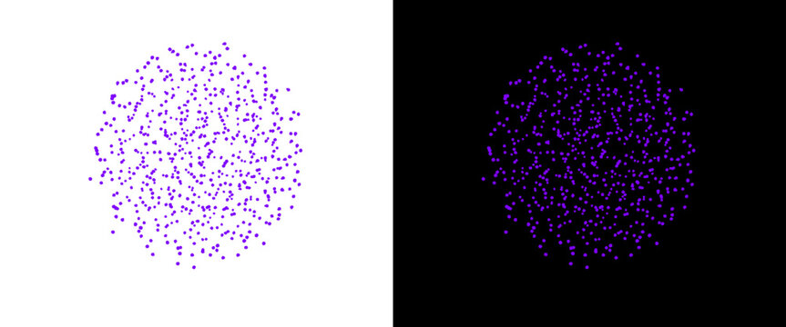 Purple stipple circle illustration, pointillism dot art sphere, abstract grainy texture element for graphic design, violet halftone round shape