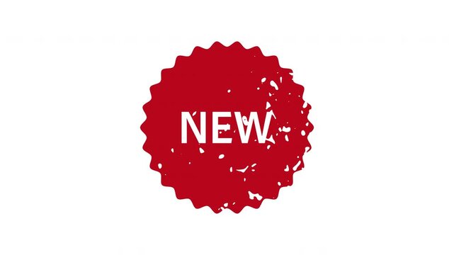 Red NEW stamp animation with jagged circular edge on a transparent background. Promotional seal mark for product announcement. Seamless animated icon. 4K video overlay isolated element.