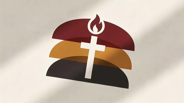 Playing emblem tilting rotating on cream wall maroon flame white cross amber black arcs for reveal