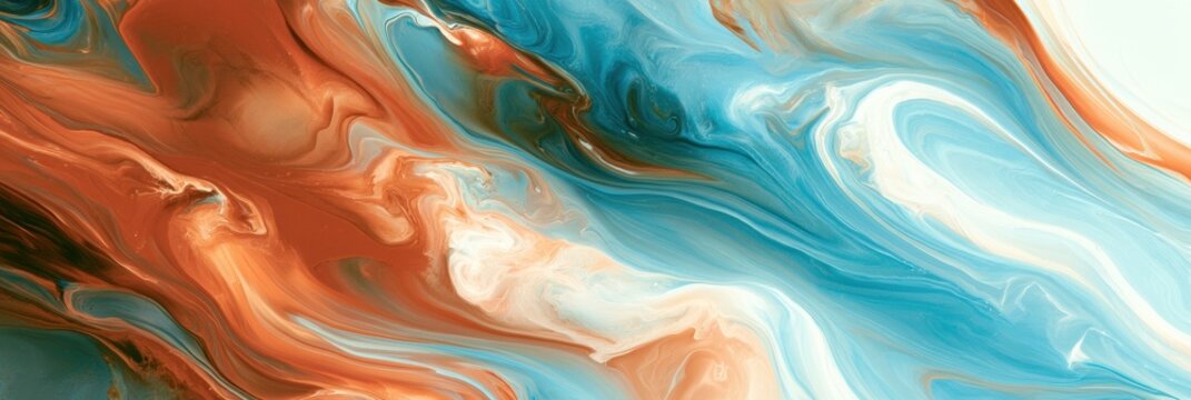 An overhead view shows fluid shapes of warm terracotta and cool sky blue blending together, creating an organic color mix.