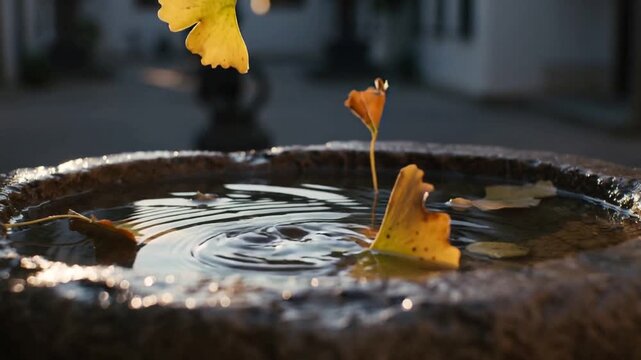 Light breeze sending yellow ginkgo leaf fluttering into stone basin, creating ripples on water