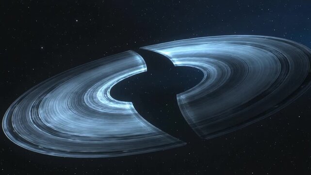 Rotating large luminous torus shifting after face-on view against stars, with dark bisecting plate