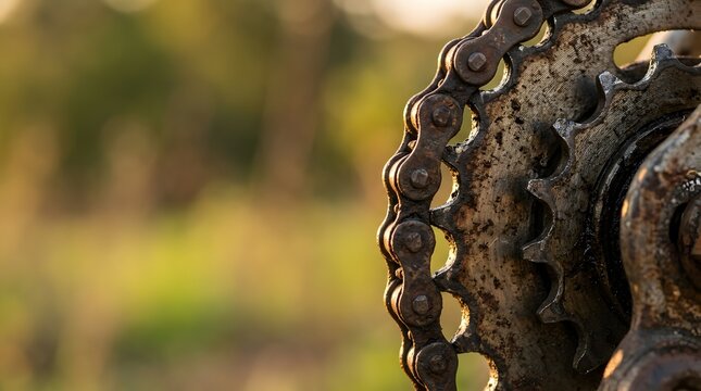 Close up of rusted bicycle gear and chain in outdoor sunlight
