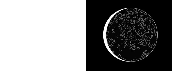 Minimalist moon outline illustration, celestial lunar sphere on black background, astronomical line art graphic for science and space design © Transparent Studio