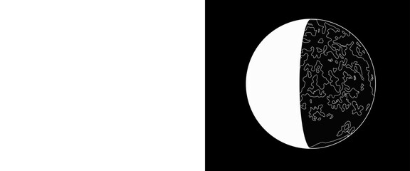 Minimalist moon phase illustration, black and white celestial sphere graphic, lunar cycle astronomical icon for science education and design © Transparent Studio