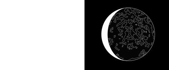 Minimalist moon phase illustration on black background, celestial lunar sphere with crater details, astronomical line art for space design © Transparent Studio