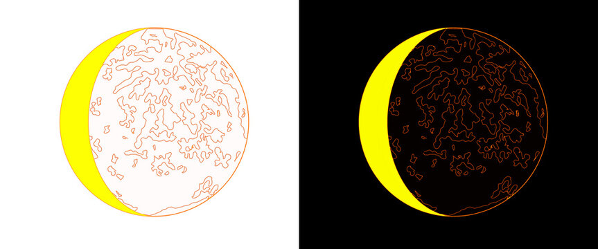 Crescent moon phase illustration, glowing yellow lunar surface with detailed craters, celestial night sky astronomical icons on black and white backgrounds