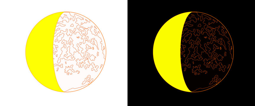 Minimalist lunar phase icons, yellow crescent moon with crater texture, celestial astronomy symbols on black and white backgrounds