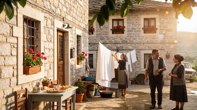 Stepping woman in apron at line unfolding hanging sheet for drying in sunlit yard, couple talking