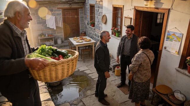 Arriving senior man carrying basket of veg up steps to share, neighbors greeting with handshake