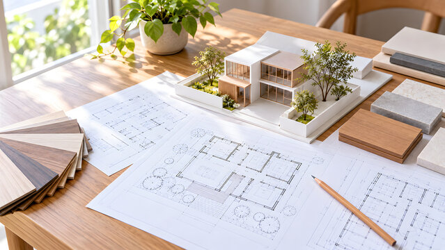 Residential Architecture Design Workspace with House Model and Blueprints