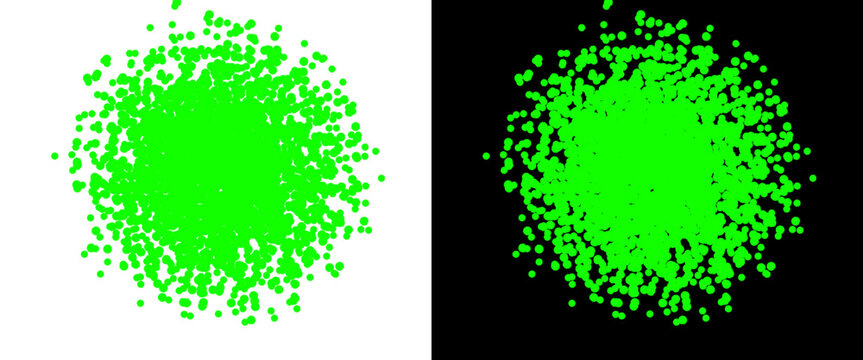 Bright green pixel explosion on white and black backgrounds, digital halftone circle pattern, abstract retro game particle effect