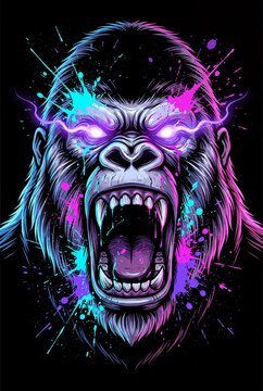Vibrant neon gorilla head illustration with colorful paint splatters and glowing eyes on a black background