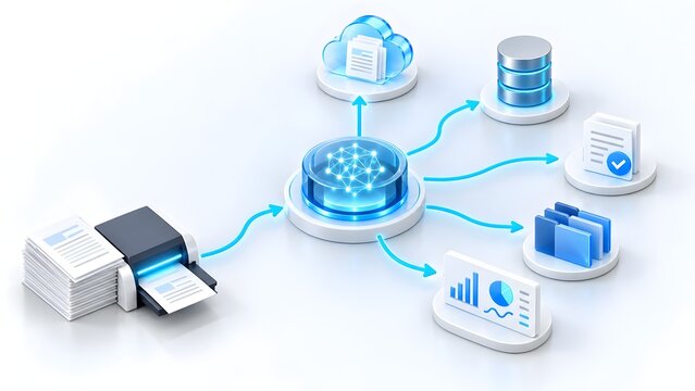 Digital workflow concept showing a scanner digitizing paper documents and routing data through a central network to cloud storage and analytics