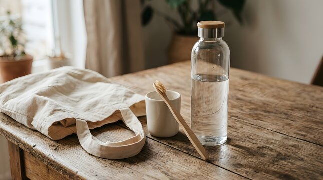 Sustainable everyday essentials reusable bag, glass bottle, bamboo toothbrush on rustic wood