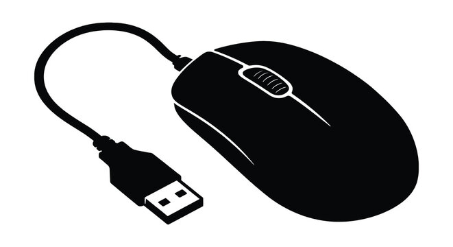 Computer mouse with usb cable is depicted as a black silhouette