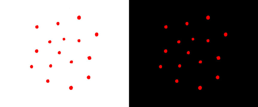 Red laser dot pattern on white and black background, laser sight target pointer points, glowing red dots design elements