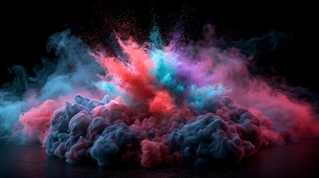 Colorful Powder and Smoke Explosion on Black Background