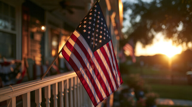American Flag on Front Porch Railing at Sunset