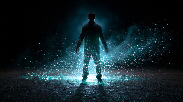 Silhouette of Man Surrounded by Glowing Futuristic Energy Particles