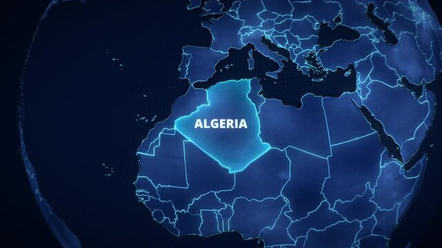 Glowing digital map animation featuring a pulsating highlight on Algeria, North Africa, designed for an educational documentary or horizontal presentation backdrop.

