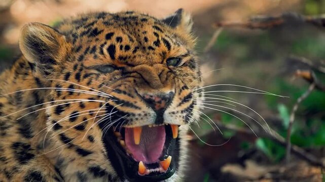 Powerful spotted wild cat snarling with teeth exposed in close-up