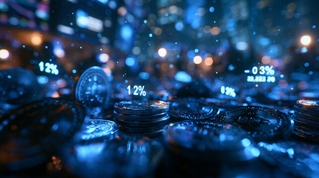 Cryptocurrency Coins with Glowing Financial Market Data