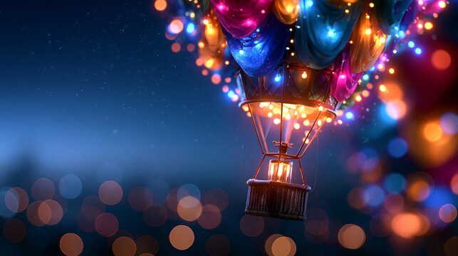 Illuminated Hot Air Balloon Floating in Night Sky