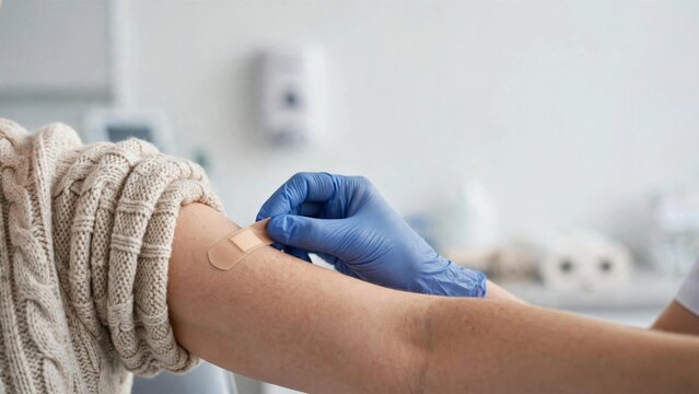 Healthcare professional applying adhesive bandage on patient upper arm after vaccination