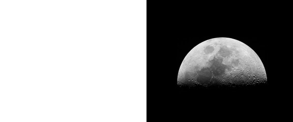Realistic half moon illustration on black background, detailed lunar surface with craters, monochrome celestial body for astronomy and space design © Smart Studio