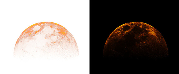 Orange glowing moon illustration set, celestial lunar sphere on black and white backgrounds, textured planetary surface with craters © Smart Studio