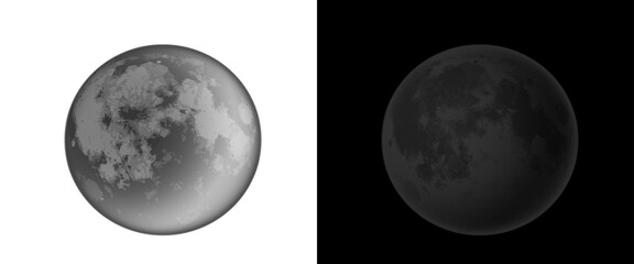 Full moon illustration set, realistic lunar surface with craters and texture, celestial moon icons on white and black backgrounds © Smart Studio