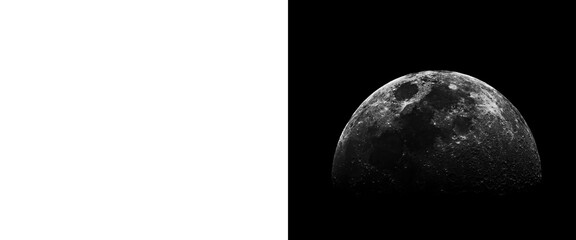 Realistic moon surface illustration on black background, detailed lunar craters and lunar landscape, glowing celestial moon sphere for space design © Smart Studio