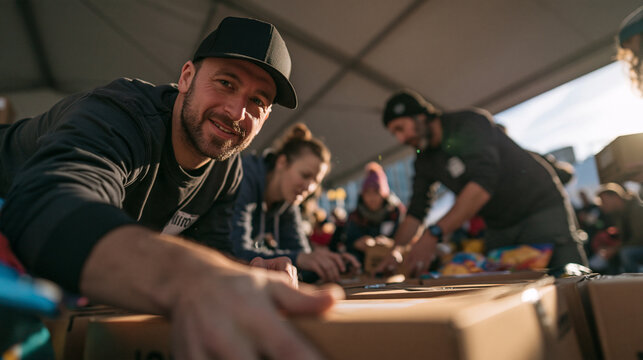 Happy Male Volunteer Packing Boxes for Donation Drive