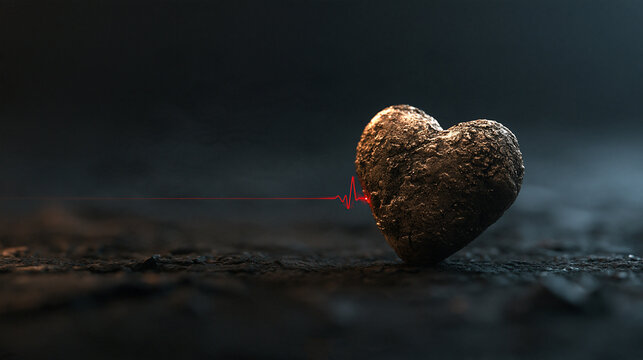 Stone Heart with Red Glowing Heartbeat Pulse Line