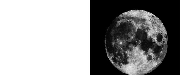 Full moon with detailed craters and lunar surface texture, realistic celestial body on black background, glowing silver moon in night sky © Smart Studio
