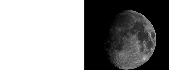 Realistic waning gibbous moon on black background, detailed lunar surface with craters and texture, celestial night sky astronomy illustration © Smart Studio