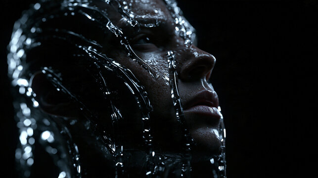 Person Emerging from Dark Water with Streaming Drops
