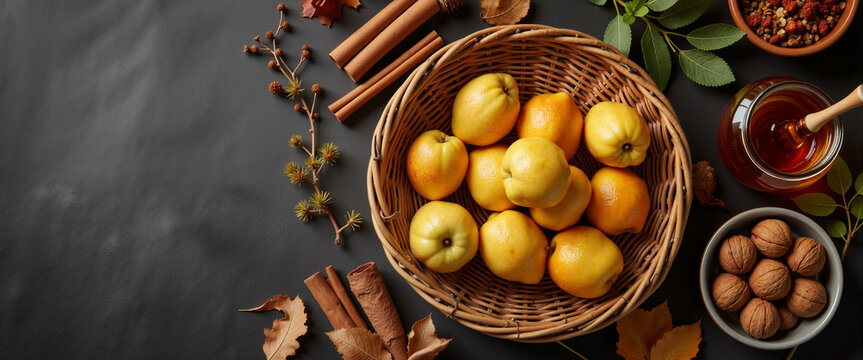 Flat lay of seasonal baking ingredients with quinces and honey for food blogs, recipe websites, culinary presentations, and harvest festival designs