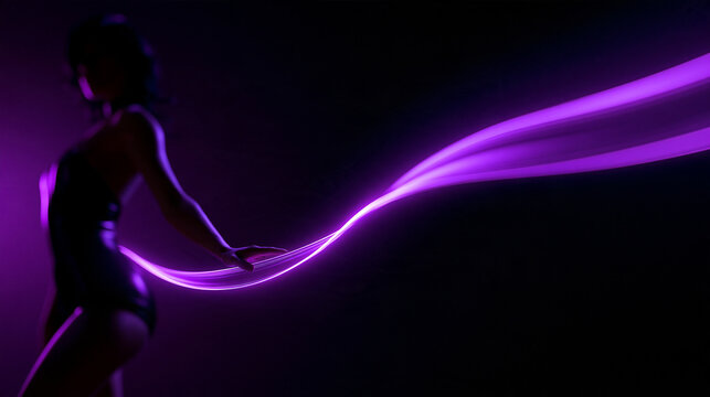 Woman Silhouette with Glowing Purple Light Trails in Motion